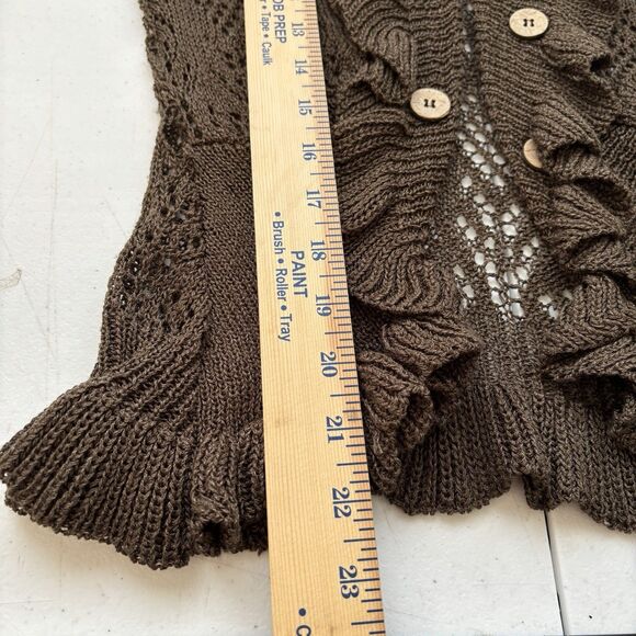 DAYTRIP Open Cardigan Crochet Ruffle Brown 3/4 Sleeve Cropped - Picture 6 of 8